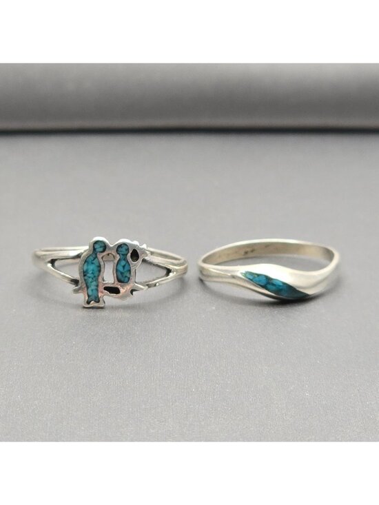 Unbranded Jewelry - Vintage Sterling Silver Turquoise Chip Inlay Ring Set Birds & Wave Sizes 5 & 5.5